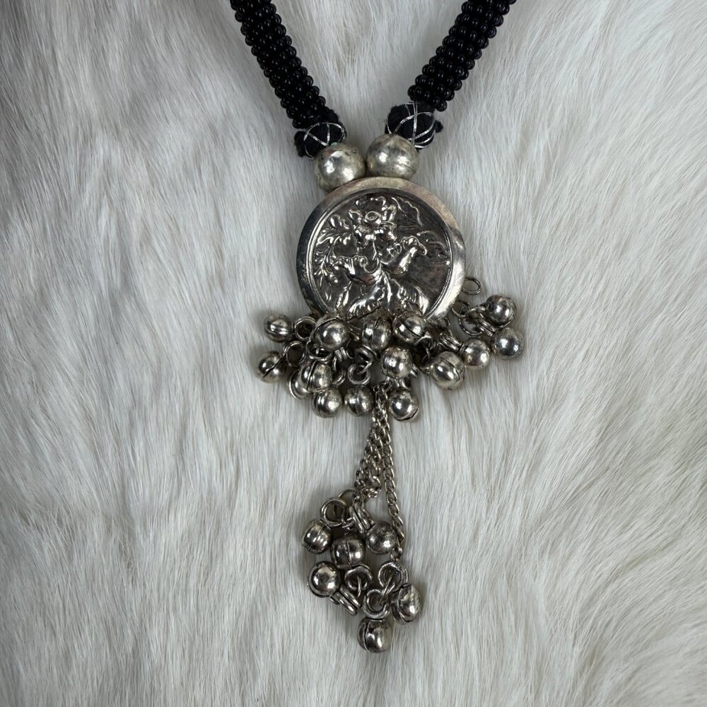 Set Black Seed Bead & Silver Tone Bell Jewelry Set Necklace & Earring - Picture 2 of 5